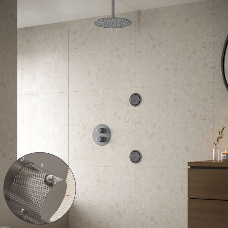 Uitverkoop Saniclear Exclusive Curved inbouw regendouche 20cm met ronde massagejets en plafondarm RVS