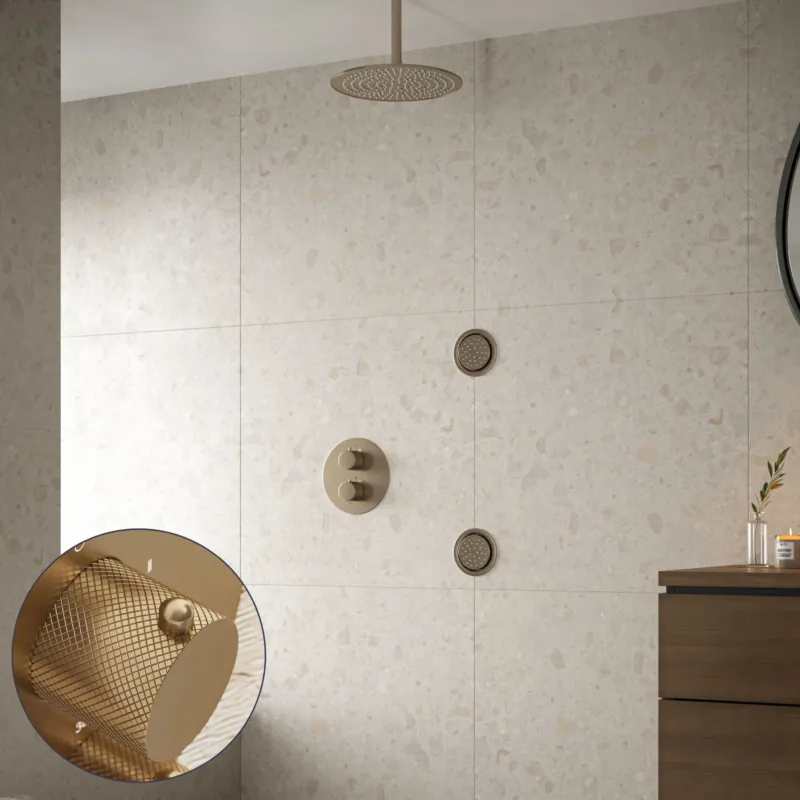Saniclear Brass Curved inbouw regendouche 20cm met ronde massagejets en plafondarm geborsteld messing - mat goud Snelle Levering