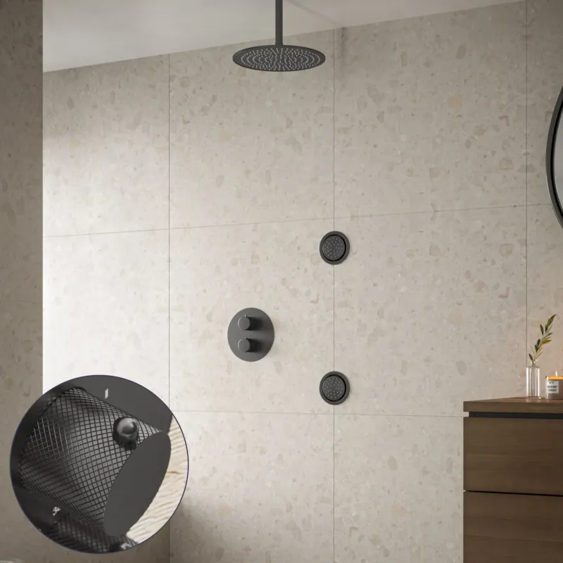 Premium Saniclear Iron Curved inbouw regendouche 20cm met ronde massagejets en plafondarm verouderd ijzer - gunmetal