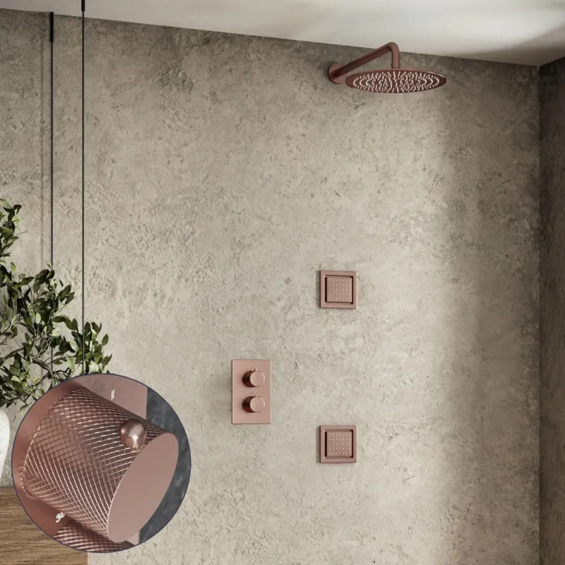 Favoriet Saniclear Copper Curved inbouw regendouche 20cm met vierkante massagejets en muurarm geborsteld koper