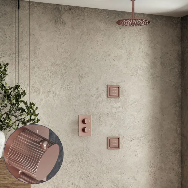 Saniclear Copper Curved inbouw regendouche 20cm met vierkante massagejets en plafondarm geborsteld koper Exclusieve Aanbieding