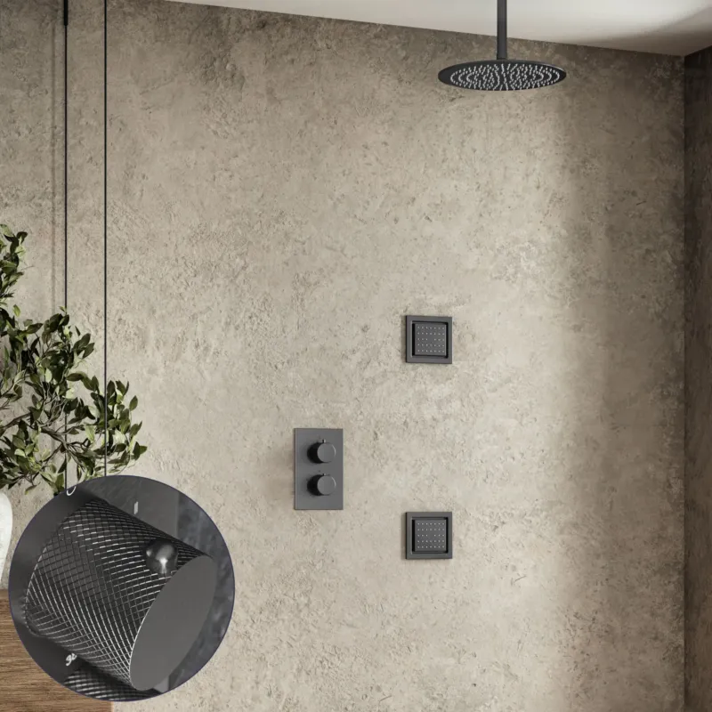 Koop Online Saniclear Iron Curved inbouw regendouche 20cm met vierkante massagejets en plafondarm verouderd ijzer - gunmetal