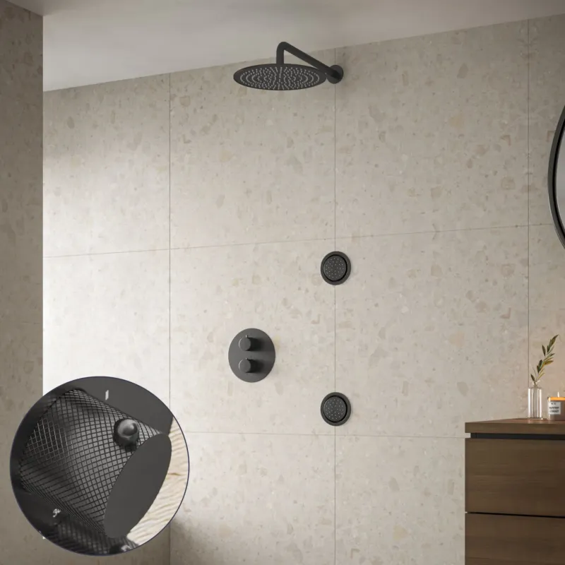 Direct Beschikbaar Saniclear Iron Curved inbouw regendouche 30cm met ronde massagejets en muurarm verouderd ijzer - gunmetal