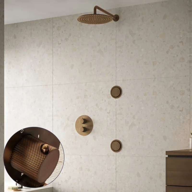 Seizoensaanbieding Saniclear Antique Curved inbouw regendouche 30cm met ronde massagejets en muurarm verouderd messing