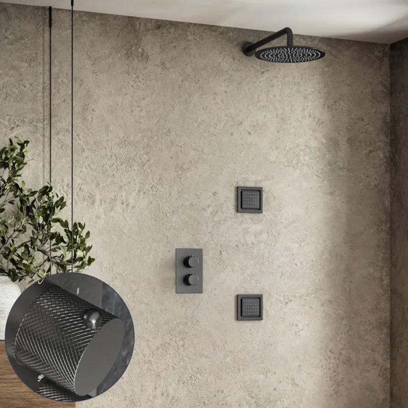 Direct Beschikbaar Saniclear Iron Curved inbouw regendouche 30cm met vierkante massagejets en muurarm verouderd ijzer - gunmetal