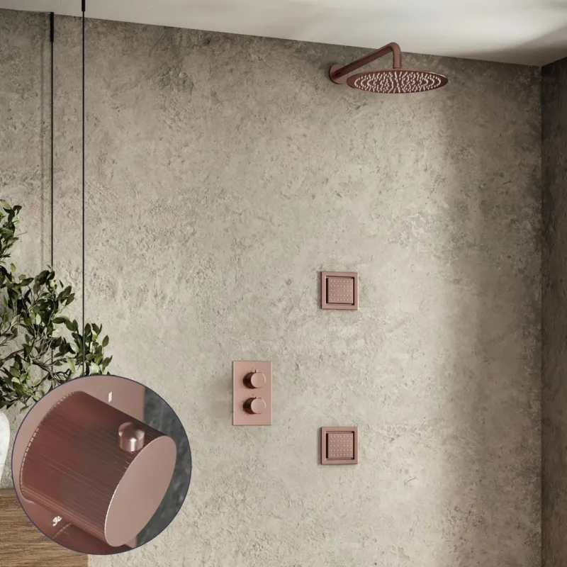 Saniclear Copper Stripes inbouw regendouche 20cm met vierkante massagejets en muurarm geborsteld koper Lage Kosten