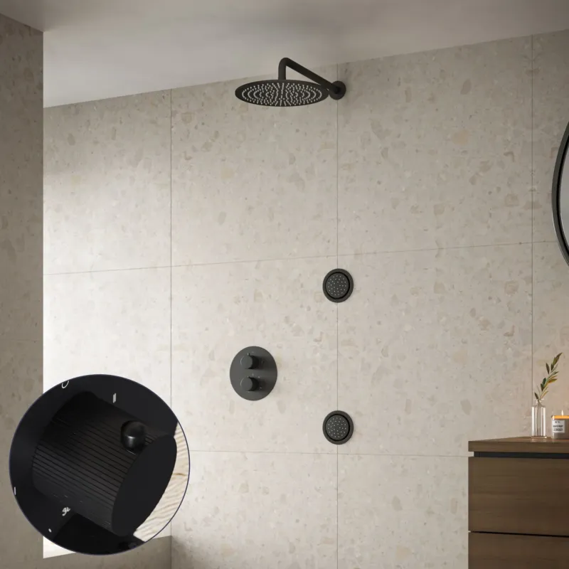 Saniclear Nero Stripes inbouw regendouche 30cm met ronde massagejets en muurarm zwart mat Dagaanbieding