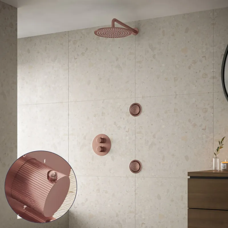 Hoge Kwaliteit Saniclear Copper Stripes inbouw regendouche 30cm met ronde massagejets en muurarm geborsteld koper