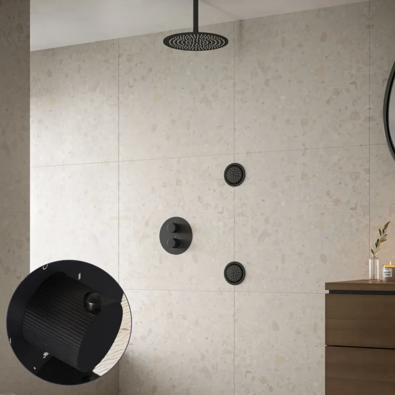 Saniclear Nero Stripes inbouw regendouche 30cm met ronde massagejets en plafondarm zwart mat Beperkt Aanbod
