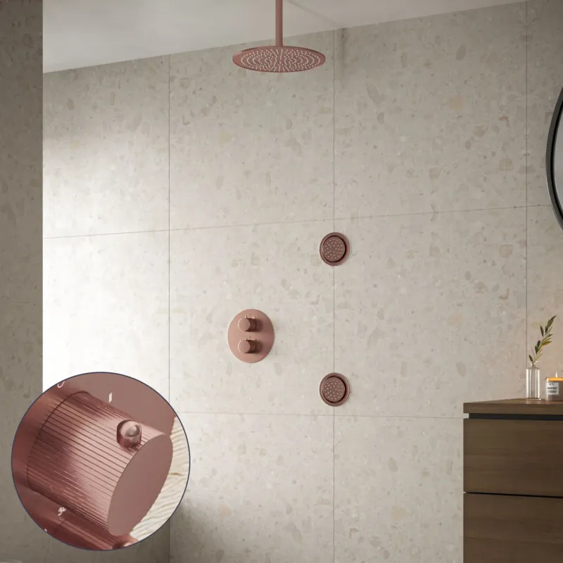 Express Levering Saniclear Copper Stripes inbouw regendouche 30cm met ronde massagejets en plafondarm geborsteld koper