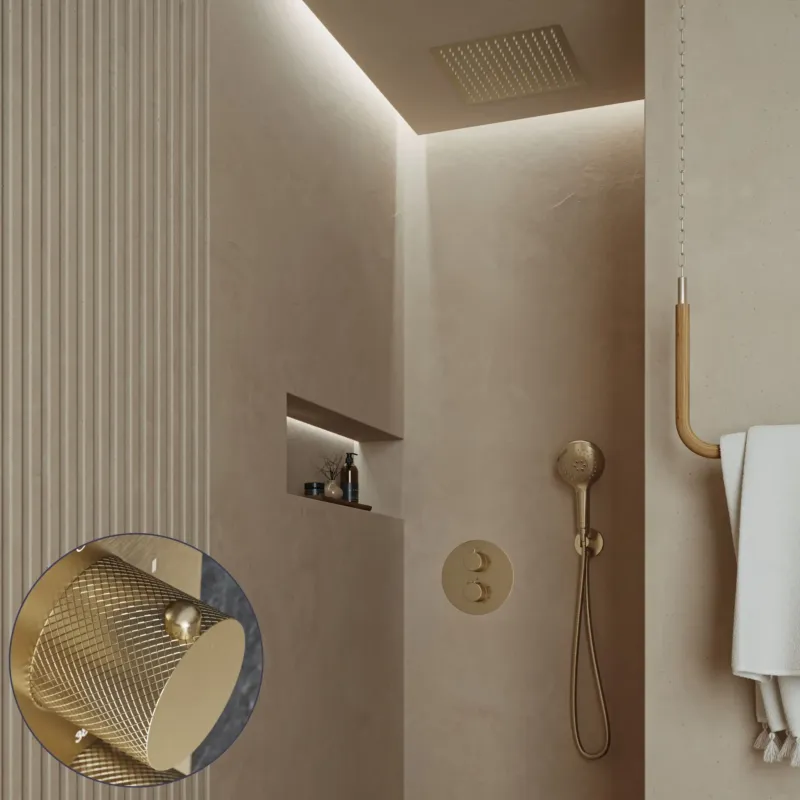 Snelle Levering Saniclear Cube Curved inbouw regendouche rond met inbouw douchekop 30x30cm en 2 standen handdouche geborsteld messing - mat goud