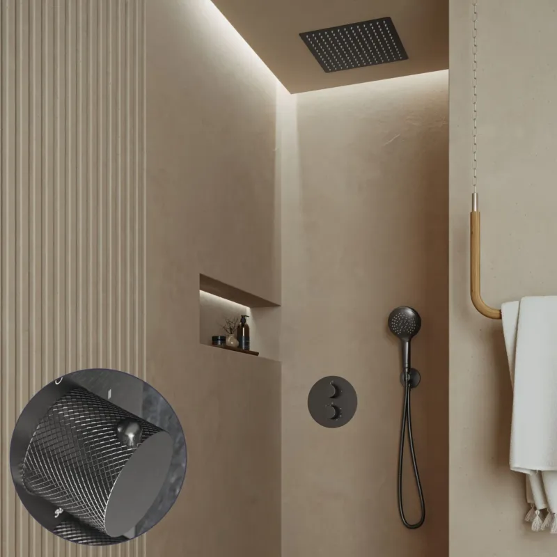 Op = Op Saniclear Cube Curved inbouw regendouche rond met inbouw douchekop 30x30cm en 2 standen handdouche verouderd ijzer - gunmetal