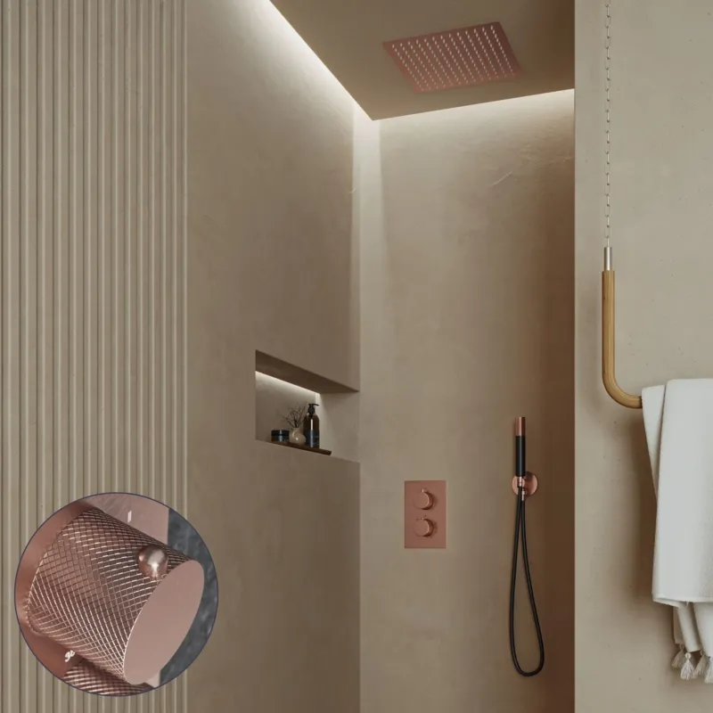 Koop Online Saniclear Cube Curved Pro inbouw regendouche met inbouw douchekop 30x30cm en staafhanddouche geborsteld koper