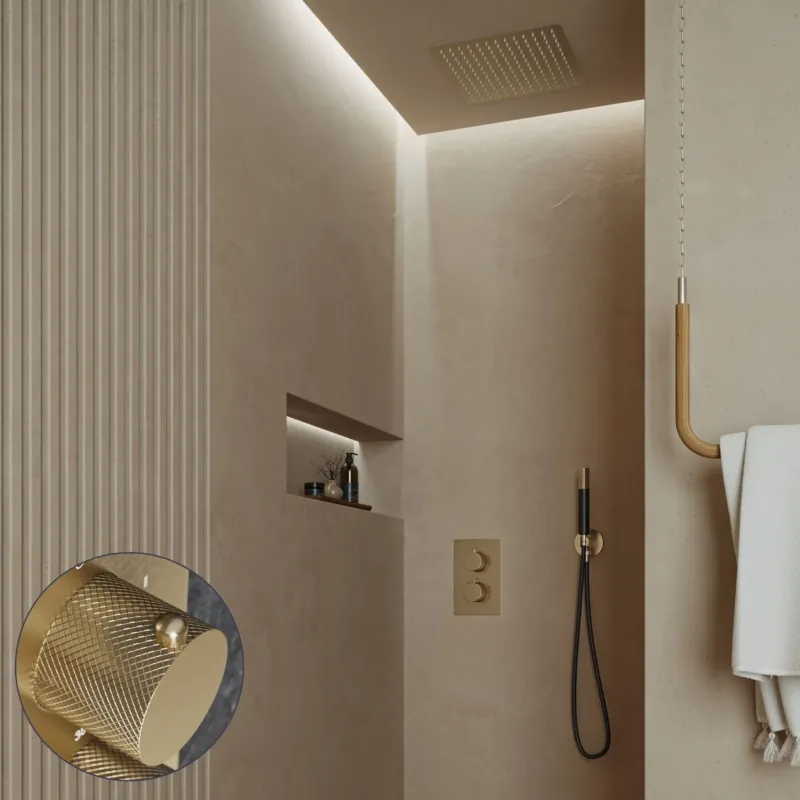 Saniclear Cube Curved Pro inbouw regendouche met inbouw douchekop 30x30cm en staafhanddouche geborsteld messing - mat goud Shop Nu