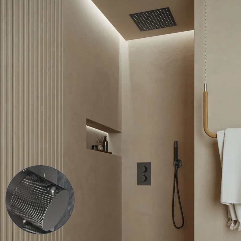 Snelle Levering Saniclear Cube Curved Pro inbouw regendouche met inbouw douchekop 30x30cm en staafhanddouche verouderd ijzer - gunmetal