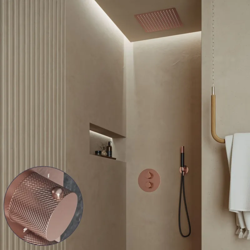 Uitverkoop Saniclear Cube Curved Pro inbouw regendouche rond met inbouw douchekop 30x30cm en staafhanddouche geborsteld koper