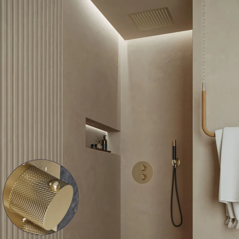 Saniclear Cube Curved Pro inbouw regendouche rond met inbouw douchekop 30x30cm en staafhanddouche geborsteld messing - mat goud Veilige Betaling