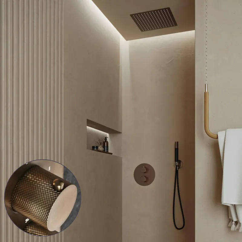 Op = Op Saniclear Cube Curved Pro inbouw regendouche rond met inbouw douchekop 30x30cm en staafhanddouche verouderd messing