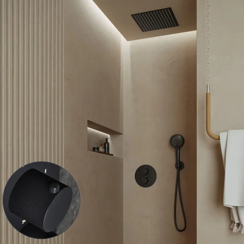 Veilige Betaling Saniclear Cube Stripes inbouw regendouche rond met inbouw douchekop 30x30cm en 2 standen handdouche zwart mat