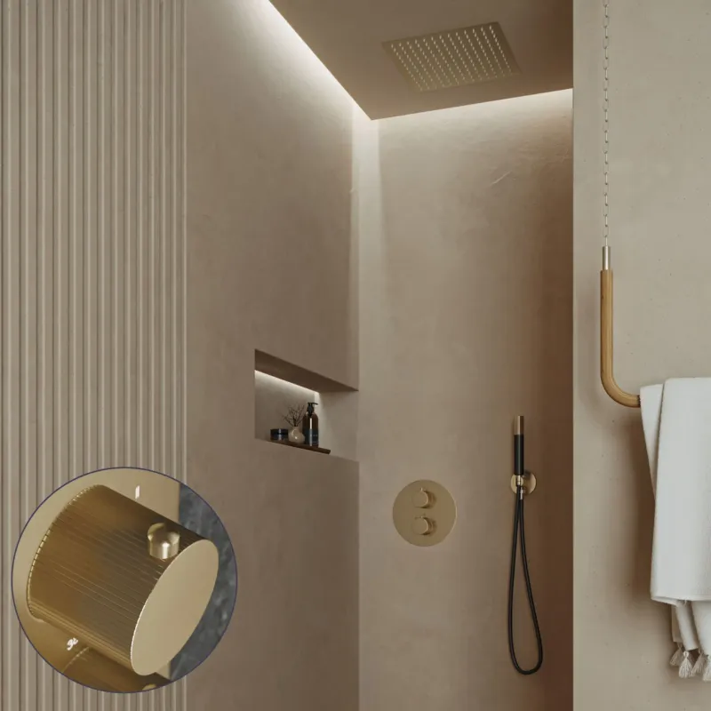 Hete Deal Saniclear Cube Stripes Pro inbouw regendouche rond met inbouw douchekop 30x30cm en staafhanddouche geborsteld messing - mat goud