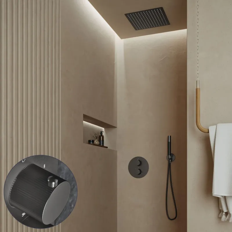 Dagaanbieding Saniclear Cube Stripes Pro inbouw regendouche rond met inbouw douchekop 30x30cm en staafhanddouche verouderd ijzer - gunmetal