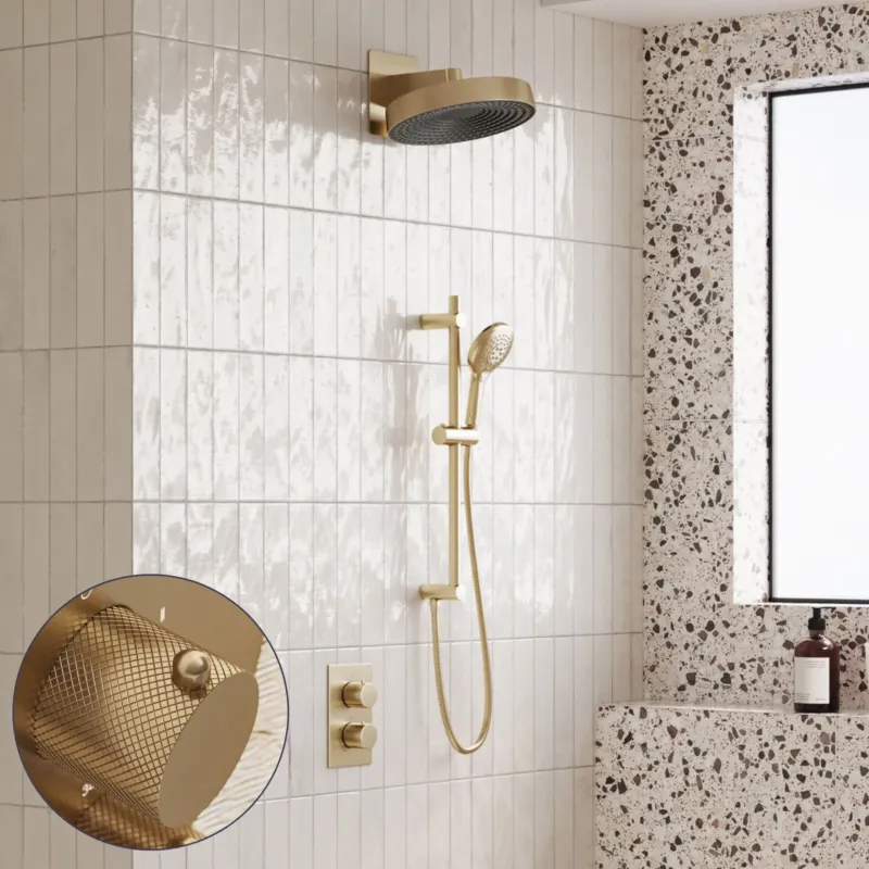 Saniclear Evolution Curved inbouw regendouche met glijstang en 2 standen handdouche geborsteld messing - mat goud Shop Nu