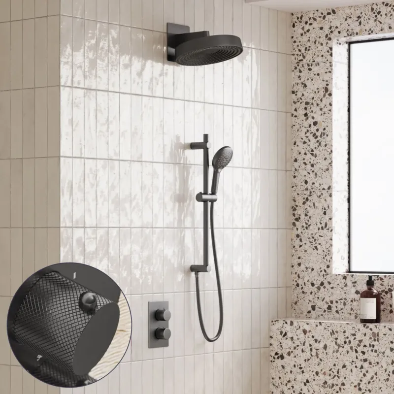 Finale Uitverkoop Saniclear Evolution Curved inbouw regendouche met glijstang en 2 standen handdouche verouderd ijzer - gunmetal
