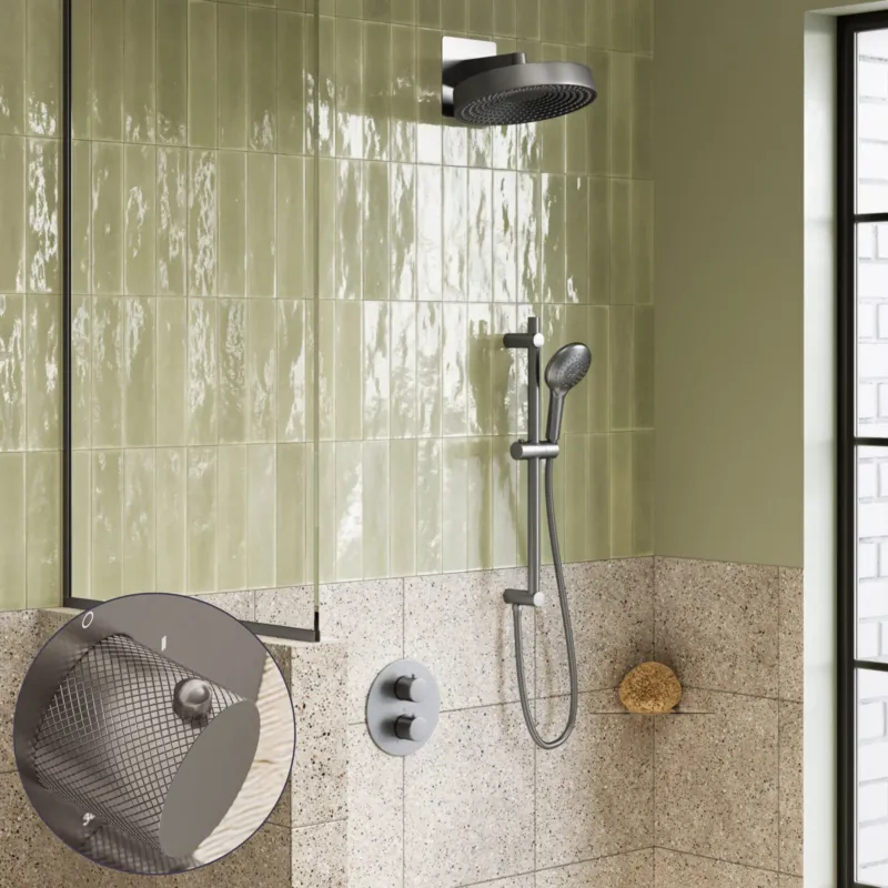 Saniclear Evolution Curved inbouw regendouche rond met glijstang en 2 standen handdouche RVS Beperkte Voorraad