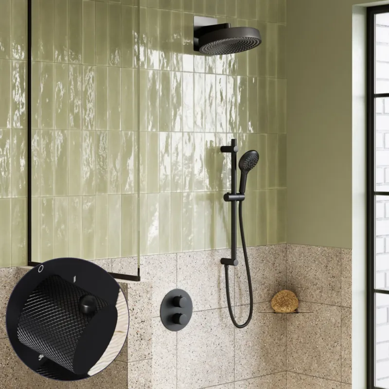 Laatste Versie Saniclear Evolution Curved inbouw regendouche rond met glijstang en 2 standen handdouche zwart mat