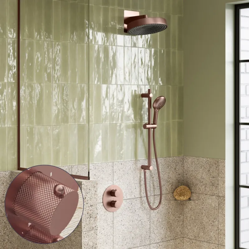 Saniclear Evolution Curved inbouw regendouche rond met glijstang en 2 standen handdouche geborsteld koper Goedkoop