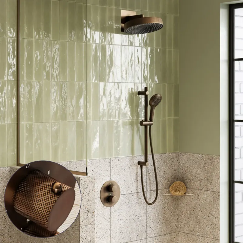 Voordeelprijs Saniclear Evolution Curved inbouw regendouche rond met glijstang en 2 standen handdouche verouderd messing