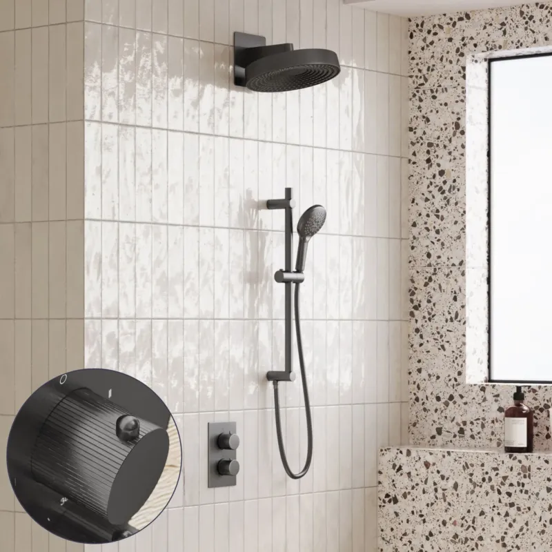 Koop Online Saniclear Evolution Stripes inbouw regendouche met glijstang en 2 standen handdouche verouderd ijzer - gunmetal