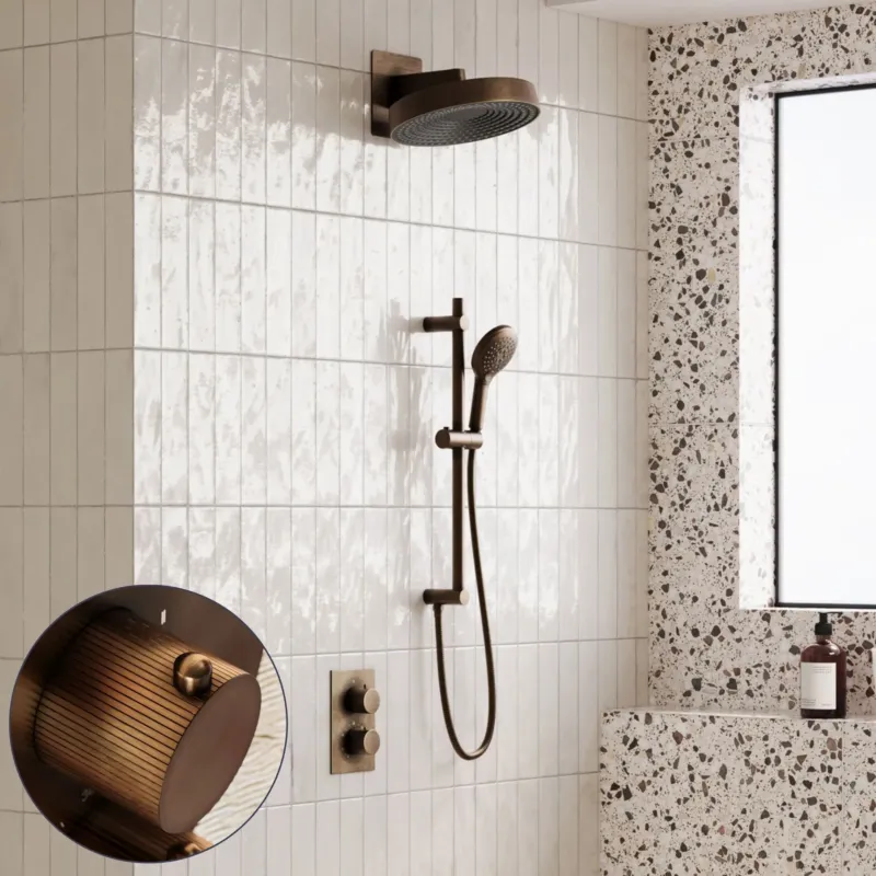Gereduceerde Prijs Saniclear Evolution Stripes inbouw regendouche met glijstang en 2 standen handdouche verouderd messing
