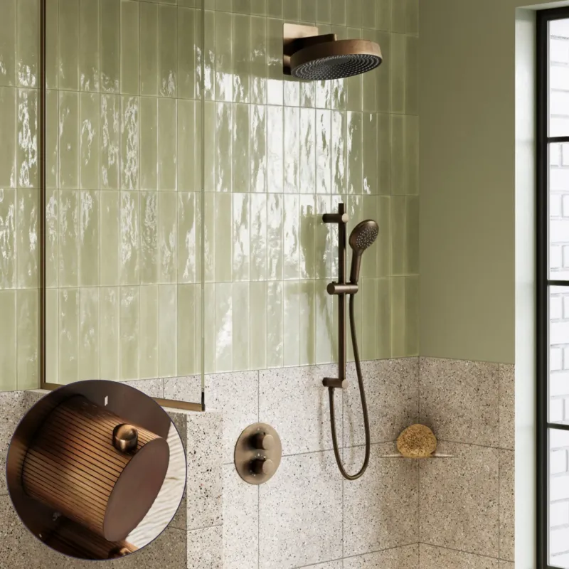 Seizoensaanbieding Saniclear Evolution Stripes inbouw regendouche rond met glijstang en 2 standen handdouche verouderd messing