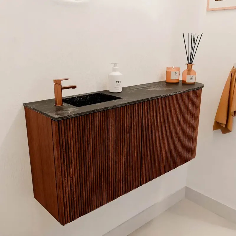 Must-Have Mondiaz Joya DLux 90cm toiletmeubel ronding rechts ruby met wastafel faye links 1 kraangat lava