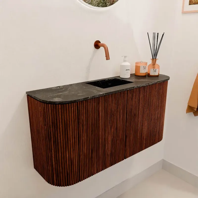 Weekendaanbieding Mondiaz Joya DLux 85cm toiletmeubel ronding links/rechts ruby met wastafel faye midden zonder kraangat lava