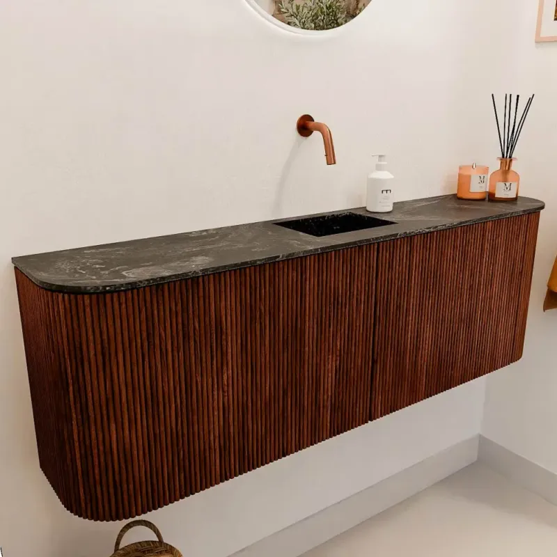 Snelle Levering Mondiaz Joya DLux 125cm toiletmeubel ronding links/rechts ruby met wastafel faye midden zonder kraangat lava