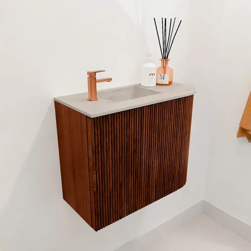 Weekendaanbieding Mondiaz Joya DLux 50cm toiletmeubel ronding rechts ruby met wastafel faye links 1 kraangat opalo