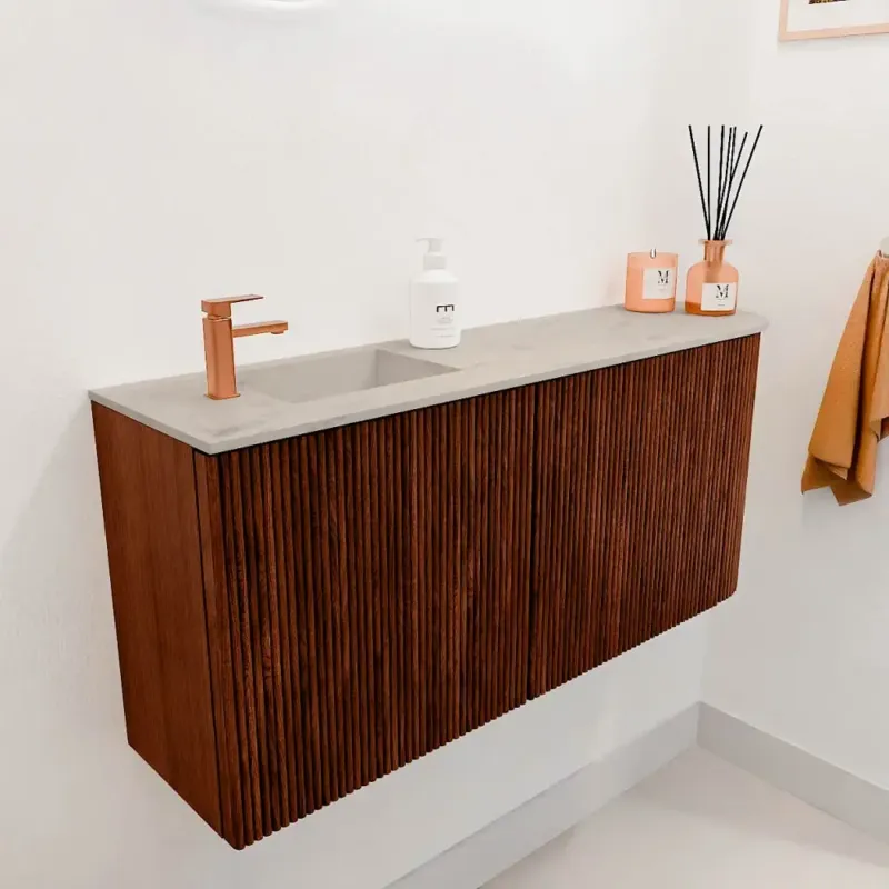 Voordeelprijs Mondiaz Joya DLux 90cm toiletmeubel ronding rechts ruby met wastafel faye links 1 kraangat opalo
