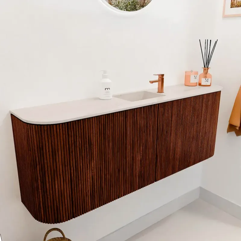 Seizoensaanbieding Mondiaz Joya DLux 115cm toiletmeubel ronding links/rechts ruby met wastafel faye midden 1 kraangat meli
