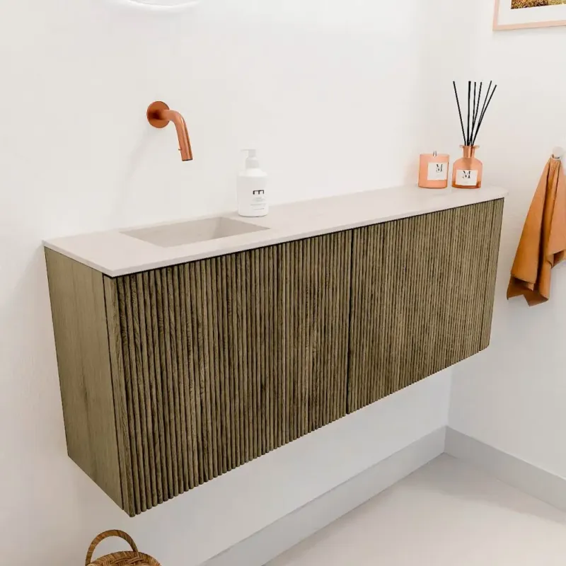 Weekendaanbieding Mondiaz Joya DLux 110cm toiletmeubel ronding rechts dusk met wastafel faye links zonder kraangat meli