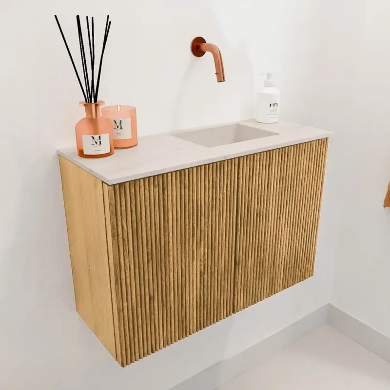 Actieprijs Mondiaz Joya DLux 60cm toiletmeubel oak met wastafel faye rechts zonder kraangat meli