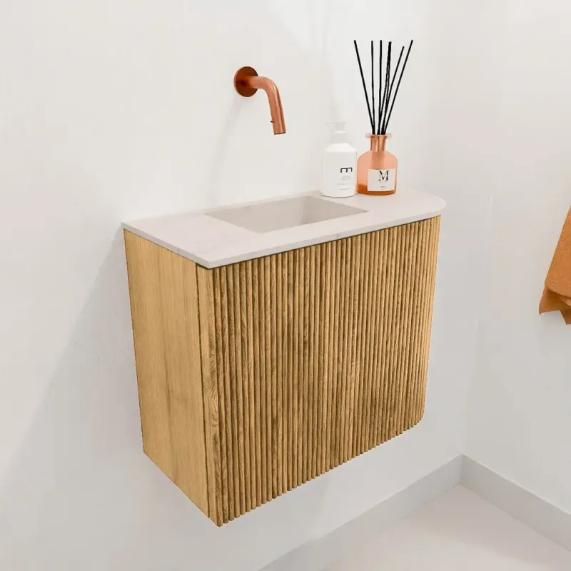 Tijdelijk Beschikbaar Mondiaz Joya DLux 50cm toiletmeubel ronding rechts oak met wastafel faye links zonder kraangat meli