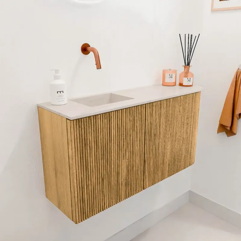 Nieuw Mondiaz Joya DLux 80cm toiletmeubel ronding rechts oak met wastafel faye links zonder kraangat meli