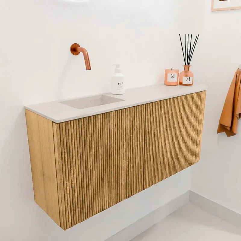 Weekendaanbieding Mondiaz Joya DLux 90cm toiletmeubel ronding rechts oak met wastafel faye links zonder kraangat meli