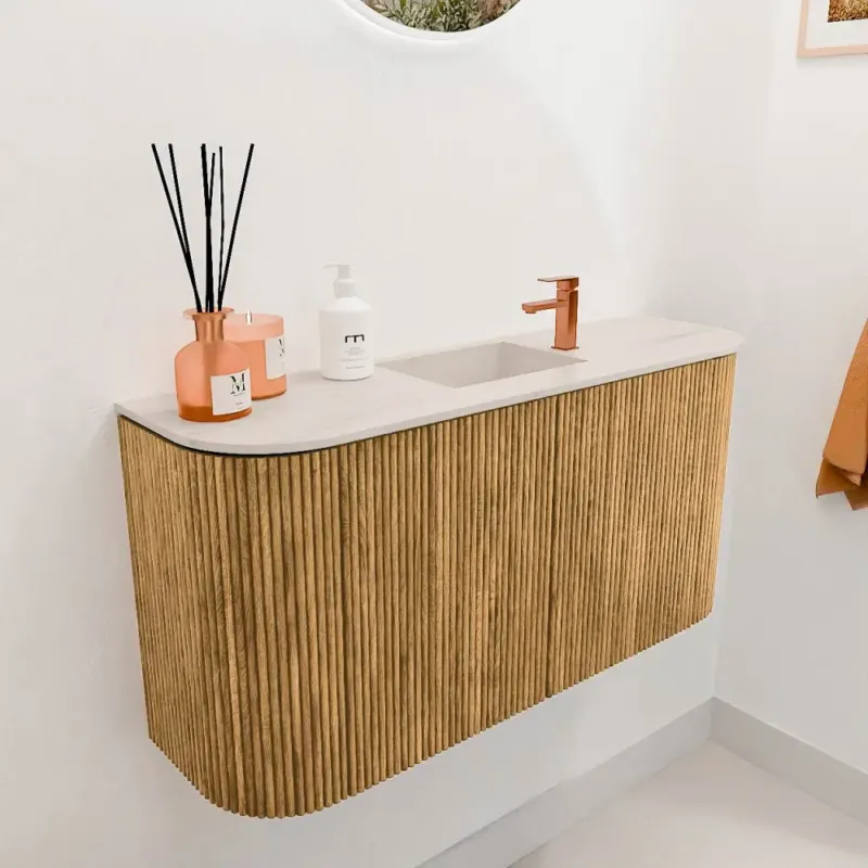 Superprijs Mondiaz Joya DLux 85cm toiletmeubel ronding links/rechts oak met wastafel faye midden 1 kraangat meli