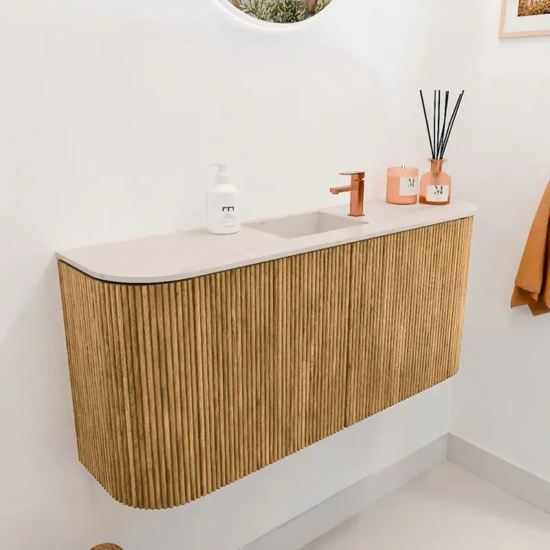 Op = Op Mondiaz Joya DLux 95cm toiletmeubel ronding links/rechts oak met wastafel faye midden 1 kraangat meli