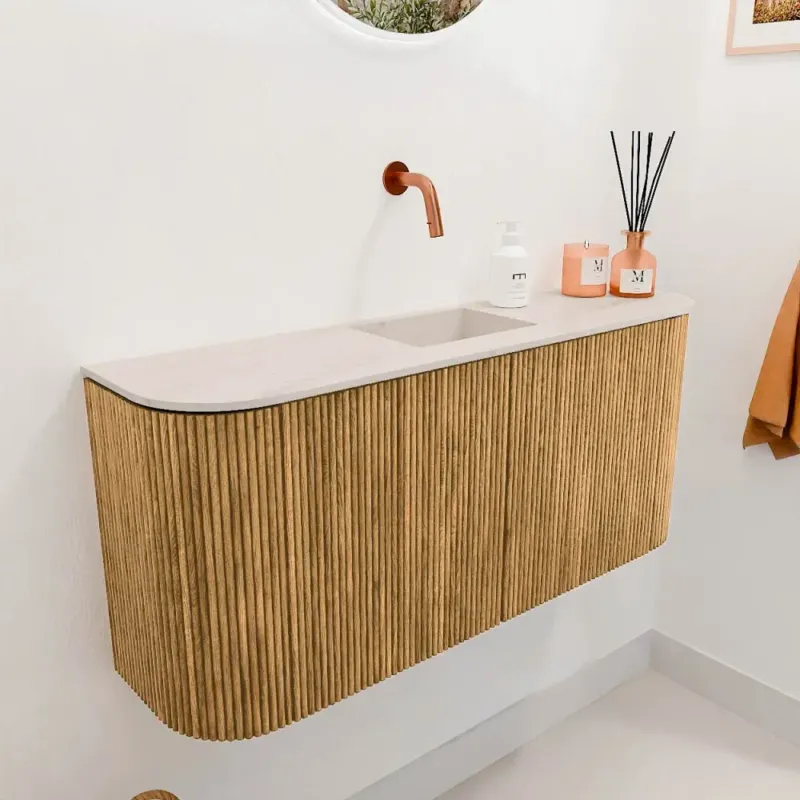 Voordeelprijs Mondiaz Joya DLux 95cm toiletmeubel ronding links/rechts oak met wastafel faye midden zonder kraangat meli