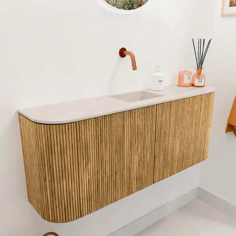 Nu Kopen Mondiaz Joya DLux 105cm toiletmeubel ronding links/rechts oak met wastafel faye midden zonder kraangat meli