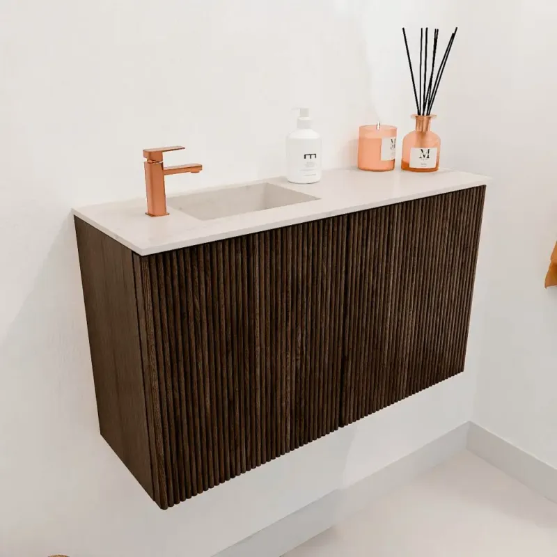 Must-Have Mondiaz Joya DLux 70cm toiletmeubel walnut met wastafel faye links 1 kraangat meli
